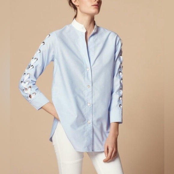Sandro Womens Aga Lace-Up Sleeve Boyfriend Shirt Top Blue Oxford SZ 3 US 8 - Picture 1 of 11